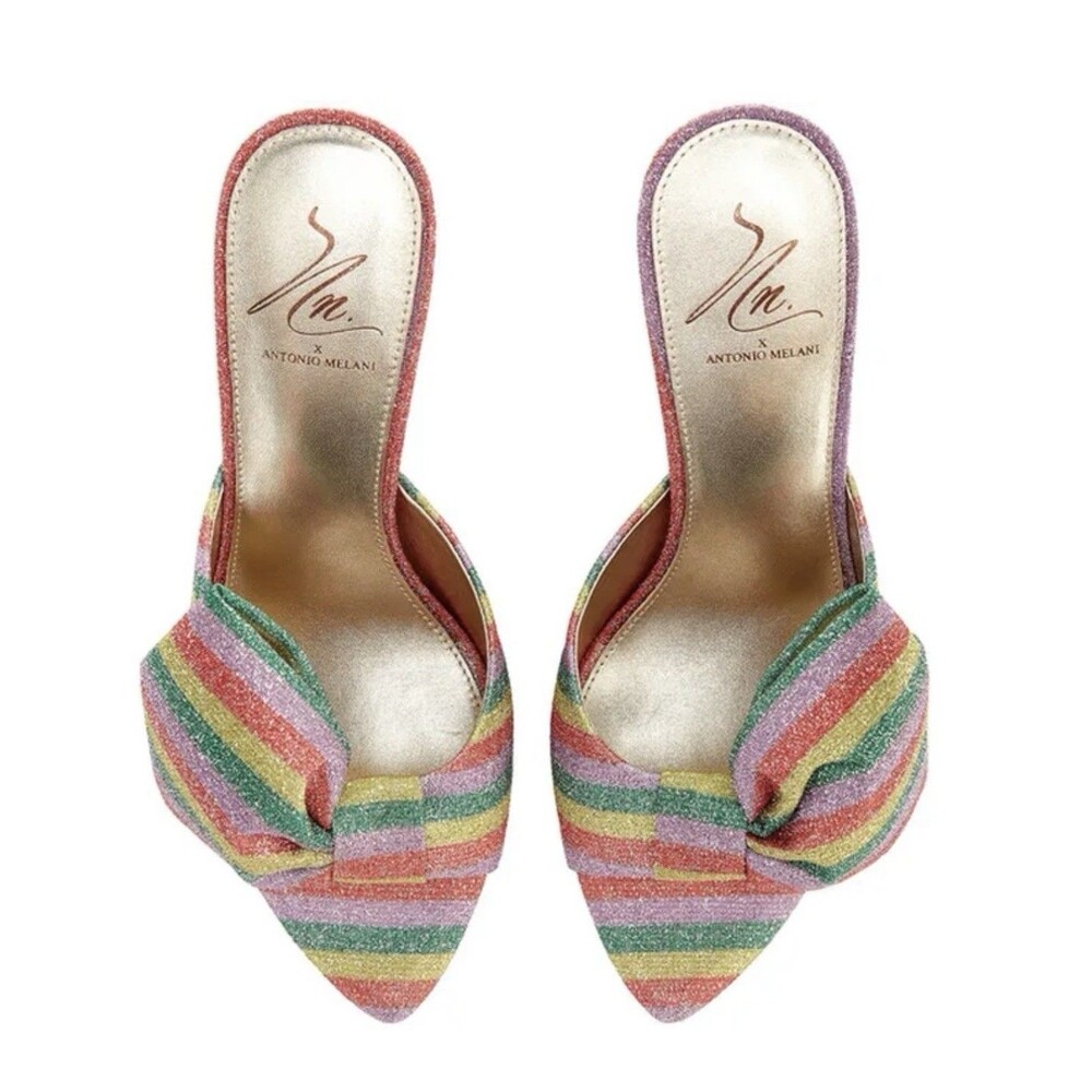 ANTONIO MELANI X NAT NOTE Julieta Rainbow Striped Bow Dress Mules. Size 8